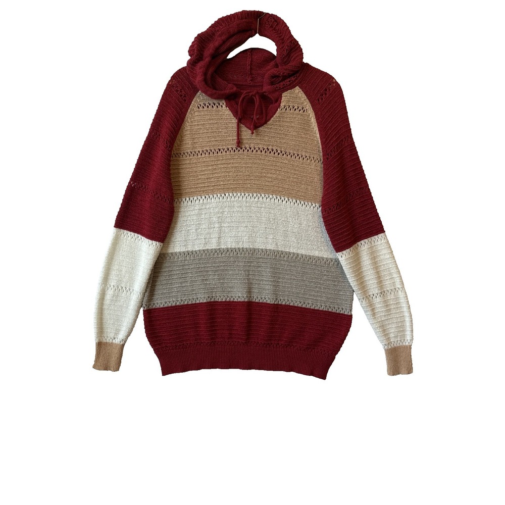 Boho Striped Colorblock Lightweight Open Knit Hoodie Pullover Sweater XXL‎ Beach